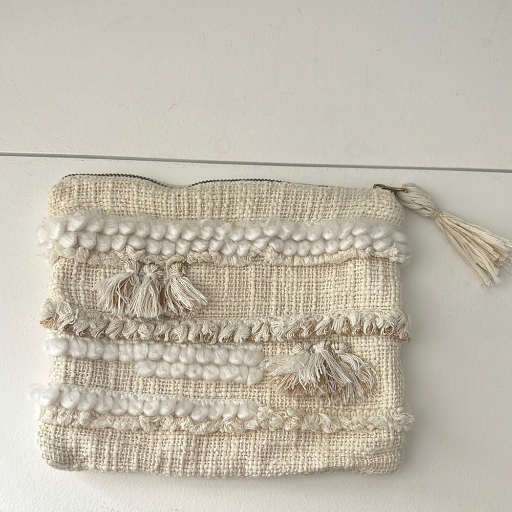 Woven Cosmetic Bag with Tassel in Cream